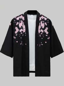 男士秋季梅花叶图案日本和服夹克 - 黑色 - 查看 2