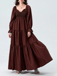 Women Long Dress Fashion Print Sweetheart Neckline Long Sleeve Dress Fashion Spring Fall Casual Dress - 棕色 - 查看 3