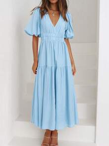 新款純色V領短袖連衣裙，溫柔優雅 - 淺藍色 - 查看 4