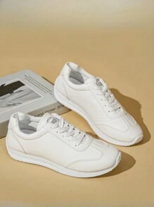 Women's Flat Casual Sneakers, Leather Upper Breathable Soft Sole Lightweight Running Shoes, Fashionable, Versatile, Suitable For All Seasons - White - View 2