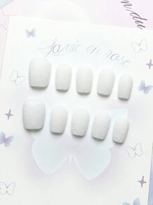 10片手工指甲秋冬按压假指甲丝绒设计可穿戴假指甲丝绒哑光美甲套装纯白指甲美甲用品带果冻胶和擦指甲片 - 白色 - 查看 2