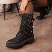 Botas negras de mujer con múltiples hebillas y suela de tacón grueso - Estilo rock chic - Negro - Ver 3