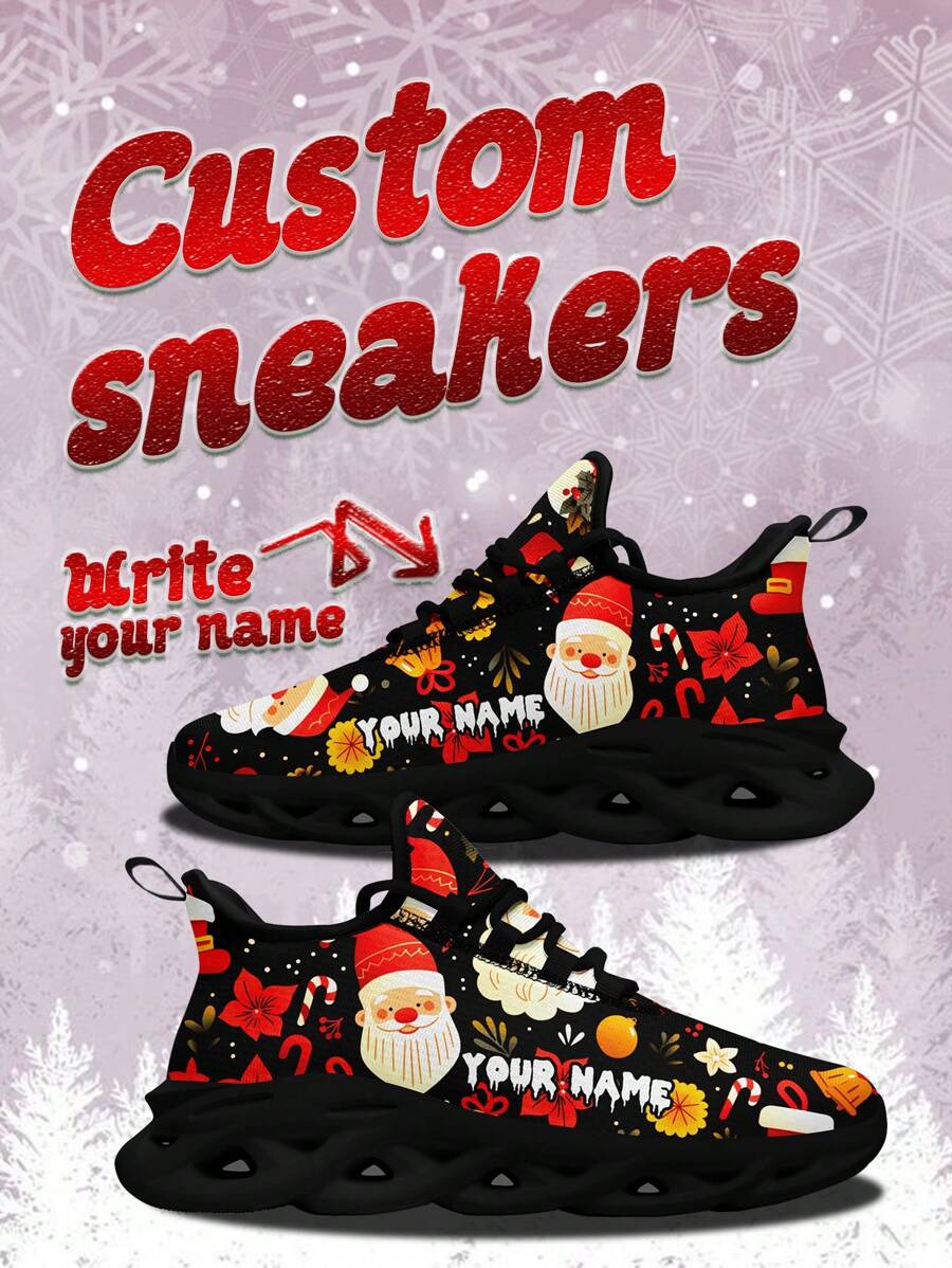 Men's Christmas Custom Name Sneakers, Lycra Christmas Designed Name Customization Lightweight Comfortable Soft Bottom Sneakers For Men, Gym Training Breathable Tennis Shoes Christmas Gift For Mom/Dad/Her/Him/Girlfriend/Boyfriend/Wife/Husband/Friend - Black - View 1