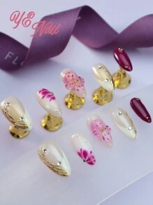 Biến đổi móng tay của bạn với 10 móng tay giả kiểu Pháp cổ điển hình hạnh nhân thanh lịch màu trắng và tím kiểu Châu Âu, bộ làm móng giả toàn diện thủ công kiểu Bắc Âu 3D trang trí ba chiều hình cánh hoa nở Cottagecore dành cho phụ nữ và trẻ em gái kèm theo 1 dũa móng tay mini và 1 miếng dán móng tay - Đỏ và trắng - Xem 2