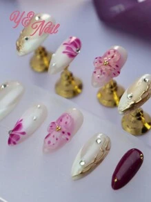 Biến đổi móng tay của bạn với 10 móng tay giả kiểu Pháp cổ điển hình hạnh nhân thanh lịch màu trắng và tím kiểu Châu Âu, bộ làm móng giả toàn diện thủ công kiểu Bắc Âu 3D trang trí ba chiều hình cánh hoa nở Cottagecore dành cho phụ nữ và trẻ em gái kèm theo 1 dũa móng tay mini và 1 miếng dán móng tay - Đỏ và trắng - Xem 5