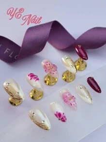 Biến đổi móng tay của bạn với 10 móng tay giả kiểu Pháp cổ điển hình hạnh nhân thanh lịch màu trắng và tím kiểu Châu Âu, bộ làm móng giả toàn diện thủ công kiểu Bắc Âu 3D trang trí ba chiều hình cánh hoa nở Cottagecore dành cho phụ nữ và trẻ em gái kèm theo 1 dũa móng tay mini và 1 miếng dán móng tay - Đỏ và trắng - Xem 1