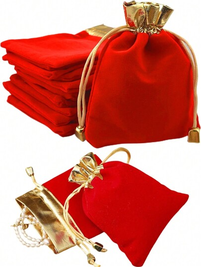 10 piezas/5 piezas Bolsas de terciopelo con cordón para joyas, recuerdos de boda, regalos preciados, fiestas de cumpleaños, inauguraciones de casa y promociones, Día de San Valentín, Año Nuevo 2025, bolsas de terciopelo con cordón, bolsas de terciopelo para joyas para bodas, bolsas de regalo rojas, artículos para fiestas, suministros festivos, Día de Acción de Gracias, Halloween, Navidad, regalos y decoraciones de otoño