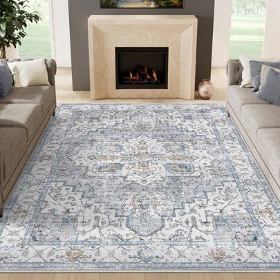 Vangao Washable Area Rug 8x10 Low Pile Rug Vintage Indoor Rug Stain Resistant Ultra-Thin Non-Slip Distressed Accent Rug Retro Carpet Living Room Bedroom Dining Room