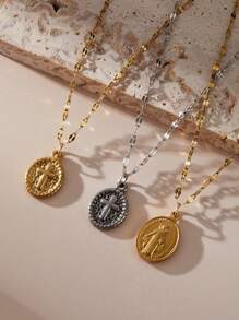 1 件时尚金色/银色圣母玛利亚宗教吊坠不锈钢项链，百搭，适合女性 - 橢圓項鍊 - 查看 12