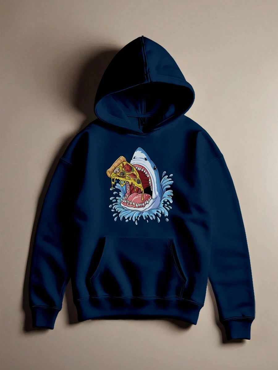 Streetwear Sweatshirt Over Shark Pizza Premium Cotton Cang 0264 NERD VEST - 藏蓝色 - 查看 1