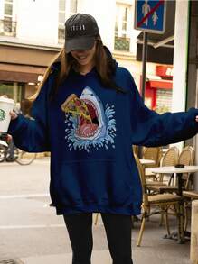 Streetwear Sweatshirt Over Shark Pizza Premium Cotton Cang 0264 NERD VEST - 藏蓝色 - 查看 5