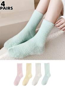 4 Đôi/Bộ Vớ nhung ấm áp cho nữ, Nhiều màu, Mềm mại, Thoải mái, Đồ mặc ở nhà thường ngày, Thích hợp cho các quý cô vào mùa thu và đông - Nhiều màu - Xem 8