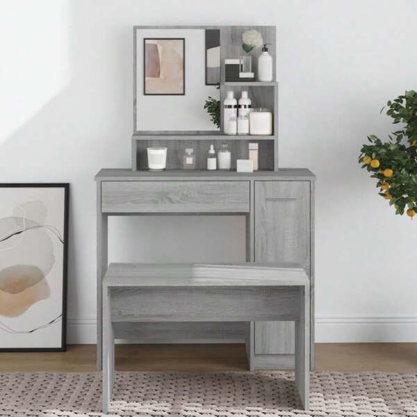 Coiffeuse avec miroir VidaXL Sonoma Gris 86,5x35x136 cm pour la décoration de salle de bain, le maquillage d'été et la rentrée scolaire