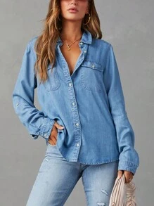 Women Denim Shirts Solid Color Turn Down Collar Long Sleeve Jean Blouses Spring Loose Casual Tops Streetwear - xanh đậm - Xem 3