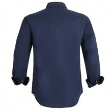 Men's Western Cowboy Pearl Snap Button Up Casual Long Sleeve Two Pockets Work Shirts - Màu xanh hải quân - Xem 2