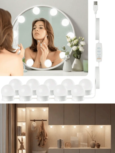 Luz Arandela Camarim 10 Lâmpadas Espelho Maquiagem Camarim Led Studio Led Auto Colante