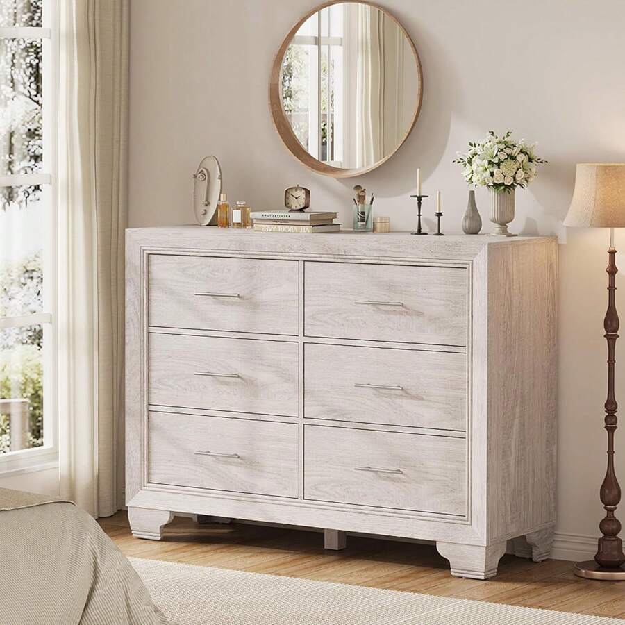 6 Drawer Dresser For Bedroom, Modern Chest Of Drawer Storage Organizer, Tall Dresser TV Stand With Silver Handle For Living Room, Hallway, Entryway - Xám - Xem 1