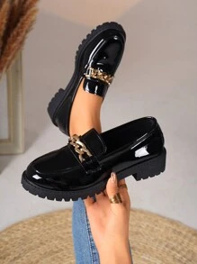 Mocasines tipo slip-on con moño al estilo inglés para mujeres, versátiles tacones gruesos de tacón alto, nuevas llegadas para primavera y otoño - Negro - Ver 7