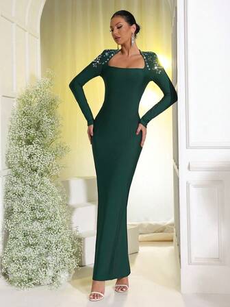 Modphy Rochie nouă de damă, de culoare uni, cu lanț cu strasuri puternic împodobite, cu gât pătrat, cu mânecă lungă, cu mâneci lungi, bodycon, cu bandaj, rochie de petrecere de seară formală, rochie pentru invitați la nuntă