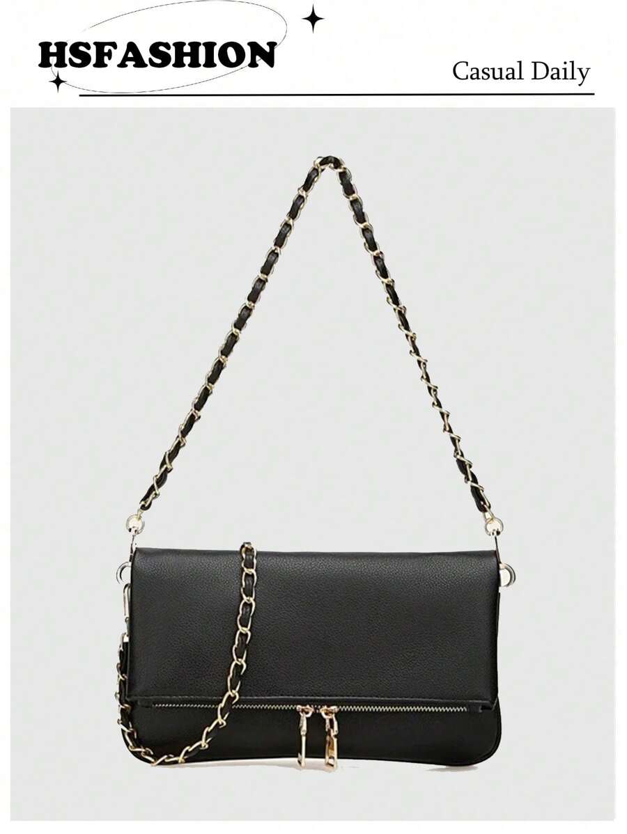 荔枝纹腋下简约链条女小包PU时尚小面包春秋单肩斜跨包斜挎包新颖零钱包情人节婚礼派对节日 - 黑色 - 查看 1