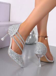 Tacones altos de punta, decorados con cristales, tacones transparentes, calzado brillante, zapatos de novia, zapatos de dama de honor, para uso formal, moda elegante y glamorosa, adecuado para todas las estaciones, elegantes y lujosos tacones altos plateados románticos