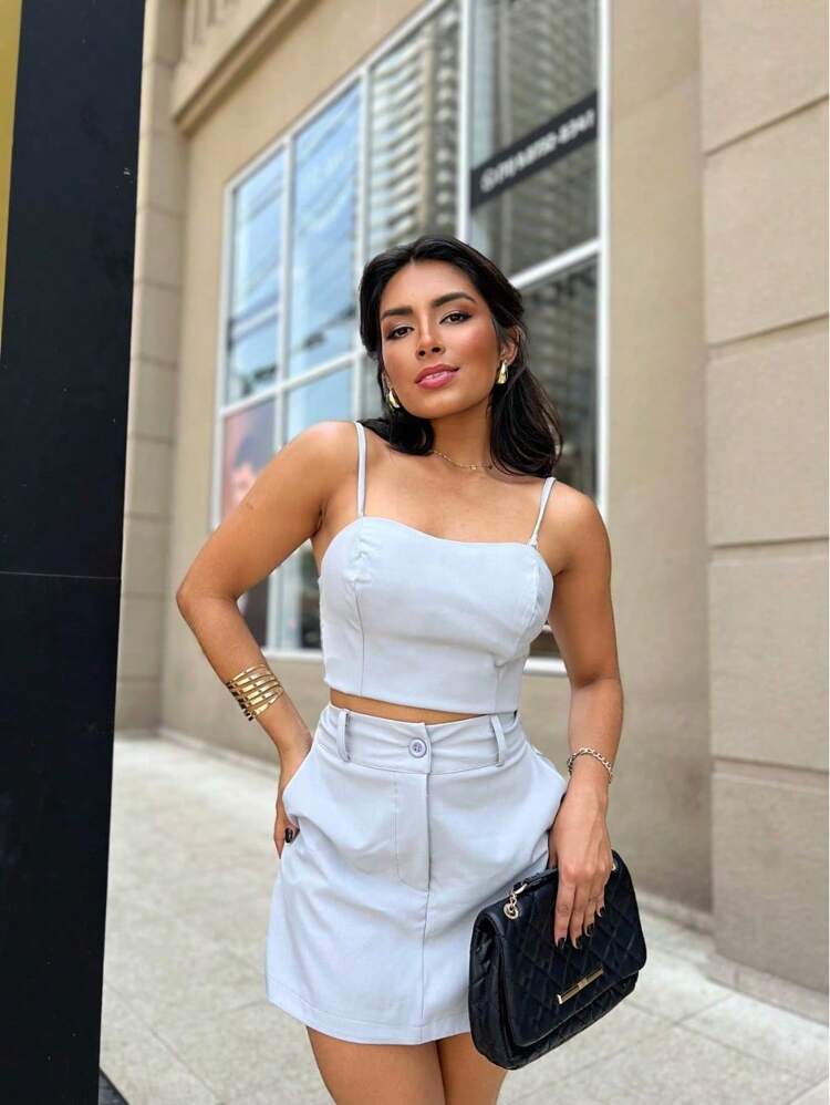Women's Set With Cropped Top, Vest With Padded Cups And Straps And Short Skirt In Dominique Fabric - Light Grey - View 1