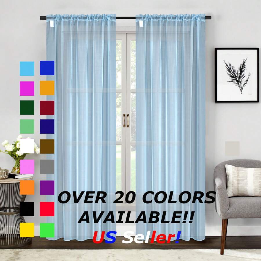 Two (2) Sheer Window Curtains Panels - Drapes Set Multiple Lengths (63", 84", 95", 108", 120" L) Rod Pocket Solid Colors - Light Blue - View 1
