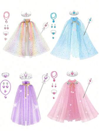 8PCS Princess Cape Set, Princess Dress Up Cloak With Crown, Wand, Jewelry, And Bag, Princess Dress Up Clothes For Little Girls, Princess Cape For 3+ Years Old Holiday Birthday Gifts