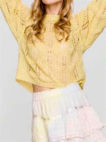 Ladies Autumn Winter Solid Color Back Tie Hollow Out Sweater, Elegant Casual Soft Loose Fit Pullover Suitable For Fashionable Travel Club Gathering.