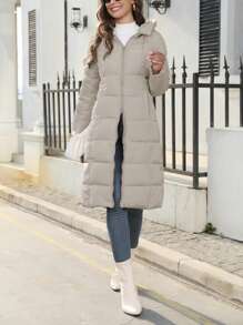 Women's Long Puffer Jacket Autumn Winter Warm Quilted Coat Long Sleeve Zip Up Jacket Fall Outerwear With Hood Streetwear Y2K Long Cardigan Hoodies - 卡其色 - 查看 4