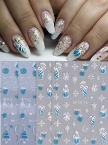 4 件蓝色梦幻雪花指甲贴纸闪耀新年圣诞蓝球酒杯手套灯笼树图案指甲贴花 3D 自粘闪光滑块美甲装饰' - 彩色 - 查看 2