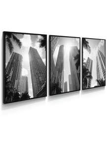 Kit 3 Decorative Frames Photography Buildings And Palm Trees Black And White For Office Hall Bedroom - 黑色 - 查看 1