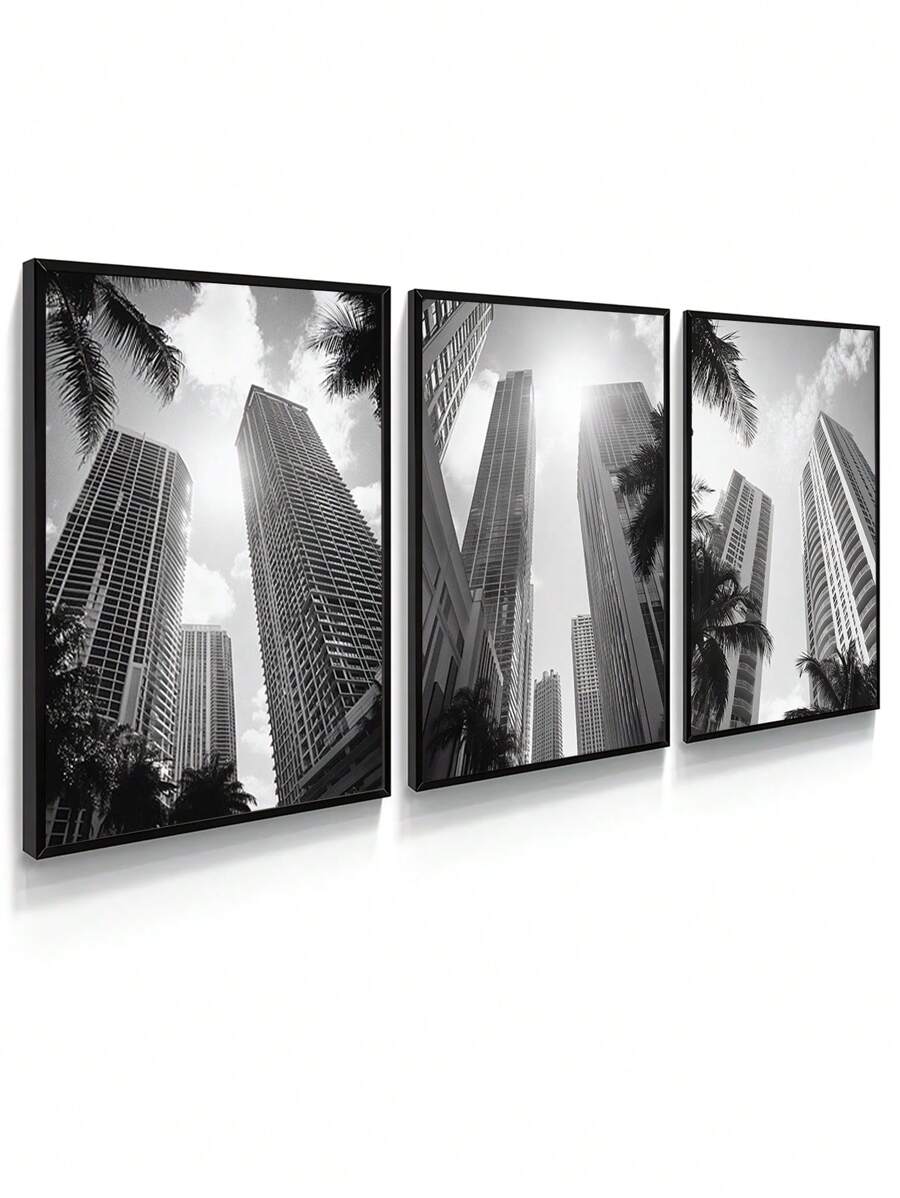 Kit 3 Decorative Frames Photography Buildings And Palm Trees Black And White For Office Hall Bedroom - 黑色 - 查看 1