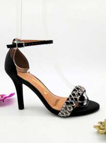 Vizzano Women's Rhinestone High Heel Sandal Vizzano Elegant Thin Heel Black End Of Year Christmas New Year Comfortable Rhinestone - 黑與白 - 查看 3