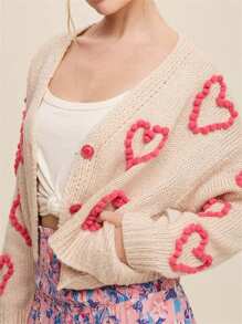 Women Button Up Sweaters Casual Heart Crochet Cropped Long Sleeves Knit Cardigans Warm Fall Knitwear For Streetwear - Turmeric - View 5