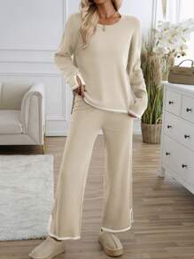 GAOVOT Women's Sweater Two Pieces Simple Loose Casual Color Contrast Round Neck Long Sleeve Sweater And Loose Wide Leg Straight Pant Suit - Camel - View 4
