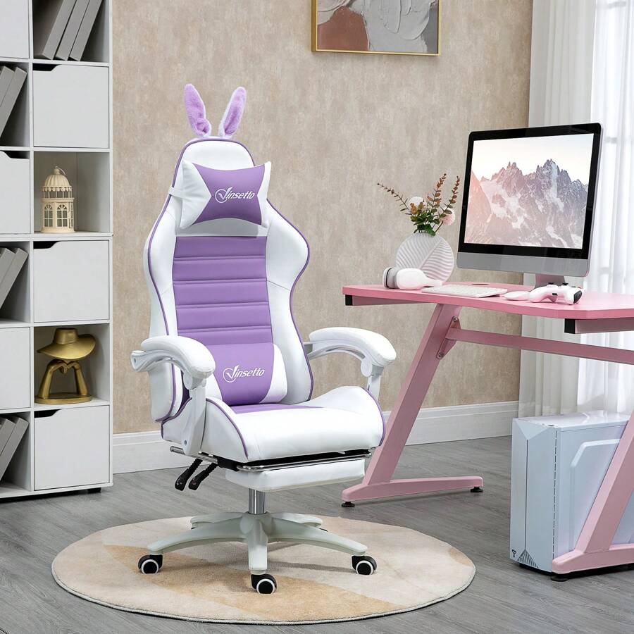 Vinsetto Racing Gaming Chair, Reclining PU Leather Computer Chair With Removable Rabbit Ears, Footrest, Headrest And Lumber Support - 紫色 - 查看 1