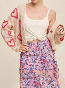 Women Button Up Sweaters Casual Heart Crochet Cropped Long Sleeves Knit Cardigans Warm Fall Knitwear For Streetwear - Turmeric - View 2