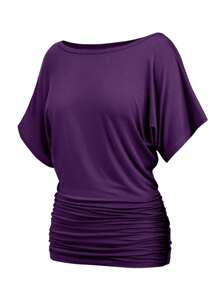 OUTBALL Women's Solid Short Sleeve Boat Neck Dolman Top With Side Shirring Casual Loose Fit T-Shirt - 深紫色 - 查看 1