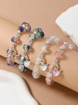 4 יחידות צמיד חרוזים בדוגמת ברבור זכוכית סדוקה מעודנת, עבודת יד, עדינה ונשית, מתאים כמתנה לחג לילדות, הערה: הצבע עשוי להשתנות מעט בכל אצווה