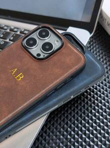 Apple Customized Phone Case Compatible With Iphone 16 15 14 13 12 11 Pro Max 16 15 14 Plus Personalized Initials Name 3D DIY Engraved Embossed Gold Letters Back Cover Hot Stamping Technology Classic Luxury PU Leather Shockproof Case Leather Phone Case Festival Gifts For Couple Friends Family Yourself Children