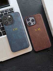 Apple Customized Phone Case Compatible With Iphone 16 15 14 13 12 11 Pro Max 16 15 14 Plus Personalized Initials Name 3D DIY Engraved Embossed Gold Letters Back Cover Hot Stamping Technology Classic Luxury PU Leather Shockproof Case Leather Phone Case Festival Gifts For Couple Friends Family Yourself Children