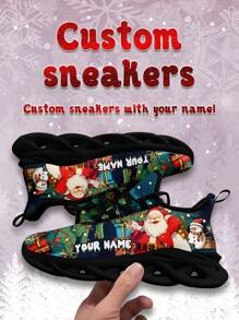 Men's Christmas Custom Name Sneakers, Christmas Gift Designed Name Customization Lightweight Comfortable Soft Bottom Sneakers For Men, Gym Training Breathable Tennis Shoes Christmas Gift For Mom/Dad/Her/Him/Girlfriend/Boyfriend/Wife/Husband/Friend - Black - View 5