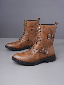 Creative High-Top Boots, Fashionable Patchwork Chelsea Casual Ankle Boots, Slip-On Motorcycle Boots For Men - Brown - View 3