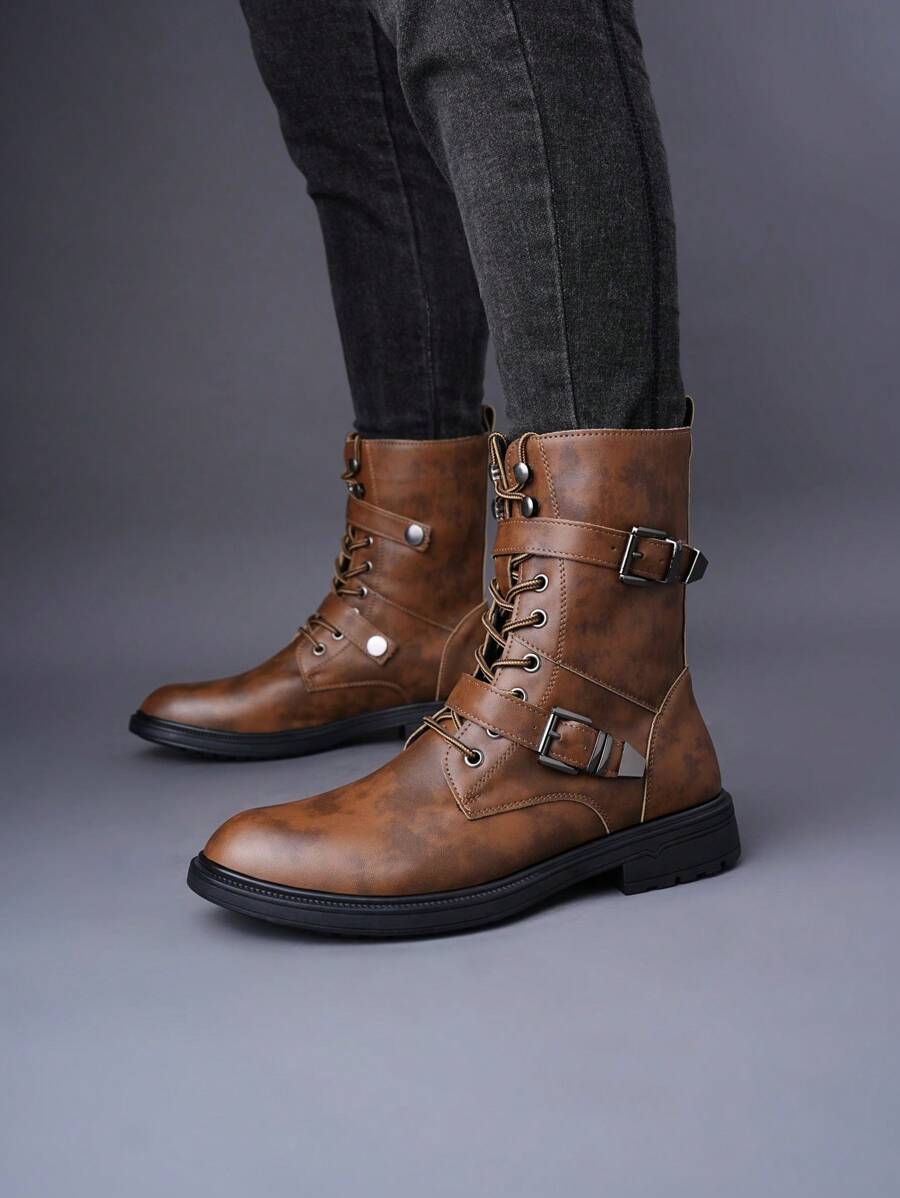Creative High-Top Boots, Fashionable Patchwork Chelsea Casual Ankle Boots, Slip-On Motorcycle Boots For Men - Brown - View 1