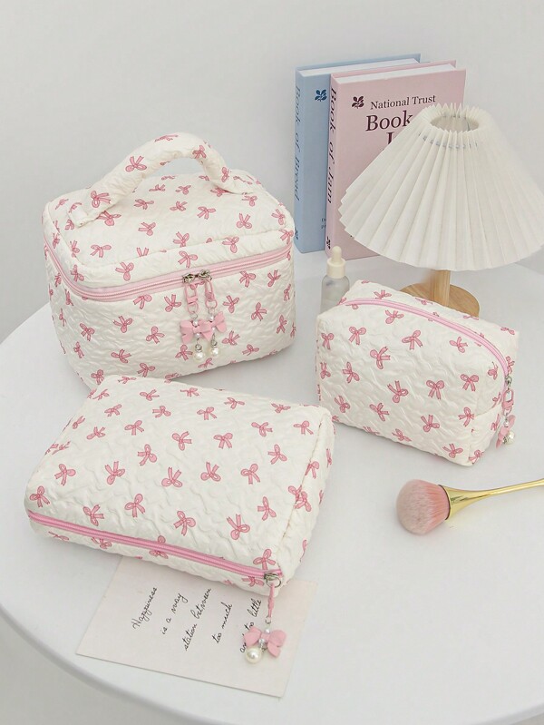 1Piece Kawaii Cosmetic Bag Set With Bow Pendant Print Bow Makeup Bag Frill Fabric Cosmetic Pouch Cute Zipper Pouch Cute Minimalist Toiletry Bag Multifunctional Cosmetic Organizer Handbag Bath Shower Wallet Pouch Portable Cosmetics Brush Storage Clutch With Zipper Bow Pencil Case Suitable For Home, Travel And Daily Use Wedding Bridesmaid Gifts,Mom Gifts,Birthday Gifts, Christmas Day Gift Gifts For Friends And Teachers,