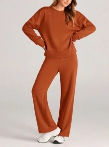 Women's Two Piece Outfits Fall Long Sleeve Pullover Tops And Long Pants Lounge Sets Tracksuit - trái cam - Xem 2