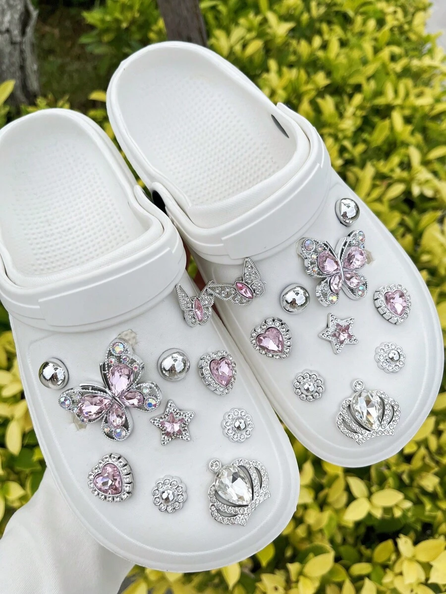 20pcs/Pack Butterfly Diamond Crown Foot Jewelry Decorations, Detachable Accessories For Slippers, Sandals, Beach Shoes - Silver Pink - View 1