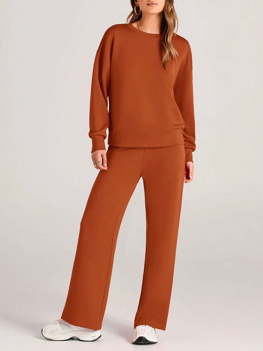 Women's Two Piece Outfits Fall Long Sleeve Pullover Tops And Long Pants Lounge Sets Tracksuit - trái cam - Xem 1