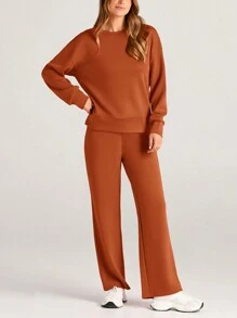 Women's Two Piece Outfits Fall Long Sleeve Pullover Tops And Long Pants Lounge Sets Tracksuit - trái cam - Xem 3